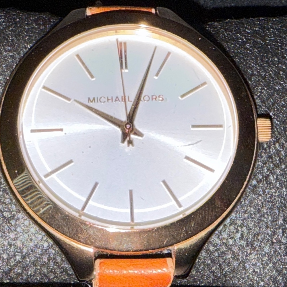 Michael Kors Rose Gold Case White Dial Orange Leather Strap Watch